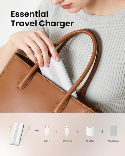 Fast Charging Power Bank, USB C Portable Charger Built in Cables and Wall Plug, 10500mAh 22.5W 4 Outputs 3 Inputs LED Display External Battery Pack Compatible with iPhone/Android (White)