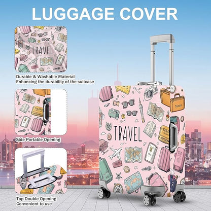 ANNA QUEEN Travel Luggage Cover, Travel Suitcase Protector with Vintage Travel Icons, Stretchable, Washable Travel Sleeve for 20-34 Inch Luggage