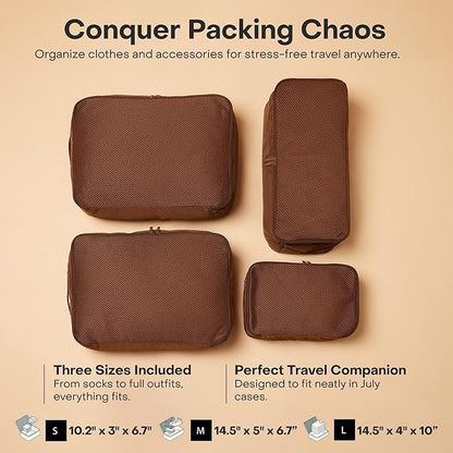 Packing Cells - 4 Set Packing Cubes Luggage Organizer Bags (S, M, 2 x L), Must-Have Suitcase Organizer for Travel, Road Trip & Camping Accessories, Stain-proof, Washable, 3 Sizes - Dark Brown