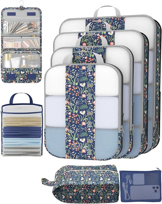 8 Set Compression Packing Cubes for Travel Essentials,Compressible Expandable Packing Cubes for Suitcase,OlarHike Luggage Organizer Bags for Travel(Dark Blue Floral)
