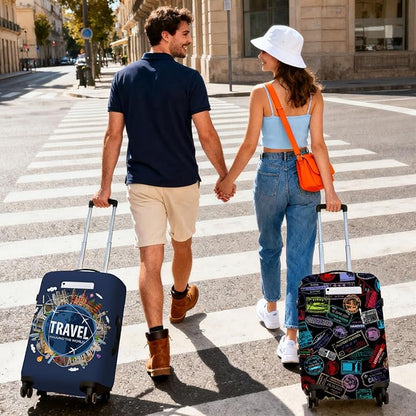 World Landmarks Travel Luggage Cover, Travel-Themed Suitcase Protector Stretchable, Washable Travel Suitcase Cover (S for 18-20 Inch Luggage)