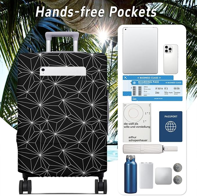Black Polygonal Travel Luggage Cover, Travel-Themed Suitcase Protector Stretchable, Washable Travel Suitcase Cover (S for 18-20 Inch Luggage)