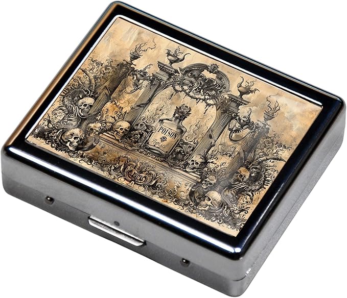 7 Days Chromed Shiny Silver Pill Organizer with Mirror Inside Has 8 Separate Compartments Rectangle Cute Travel Pill Organizer for Purse 7 Days (Retro Poison)