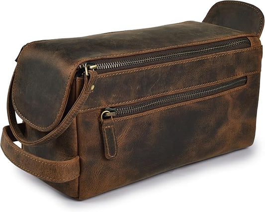 LEATHER VILLAGE Premium Leather Travel Toiletry Bag - Water-Resistant Dopp Kit for Toiletries, Large Shaving Bag & Bathroom Organizer - Gift for Men & Women - Rustic Brown