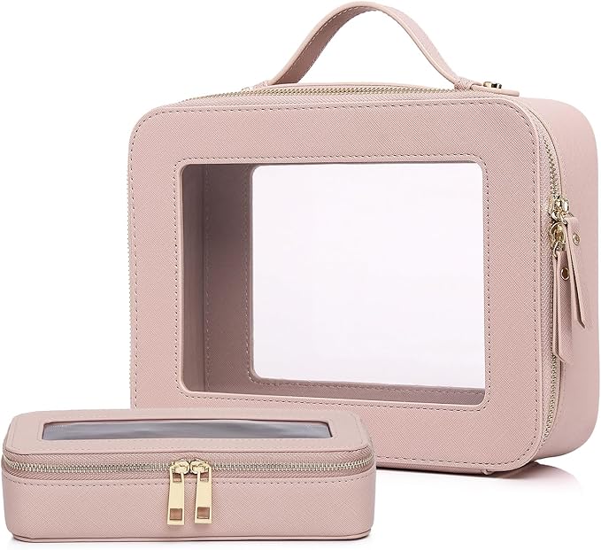 Pinkmik Clear Makeup Bag with Brush Bag 2pcs Waterproof Travel Case for Cosmetics and Toiletries Women's Cosmetic Organizer with Zipper (Pink, L+SLIM)