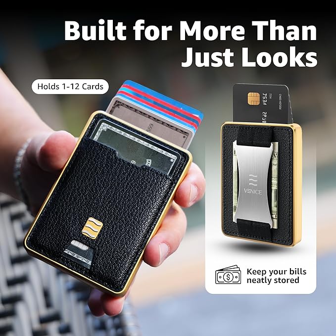 RFID Blocking Wallet, Minimalist Card Holder with Quick Access, Holds 1 to 12 Cards & Cash, Vegan Leather & Brushed Aluminum, Gift-Ready Packaging (Black & Gold)