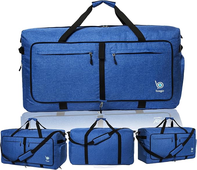 Bago Big XXL Foldable Duffel Bags for Traveling Women & Men - 140L Packable Duffle Bag for Travel with Shoe Compartment - Water Repellant, Heavy Duty, Lightweight Folding & Collapsible (SnowDepBlue)
