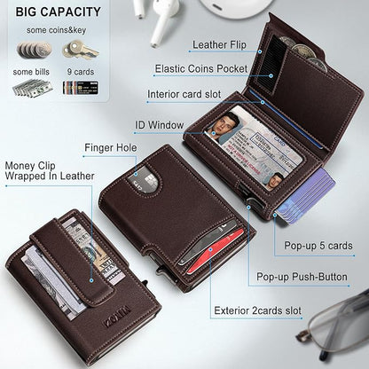 Men Wallet,with Money Clip Coins Pocket ID Window,Slim Front Pocket RFID Blocking Pop-up Card Holder 3.9"x 2.7", Gift Boxed