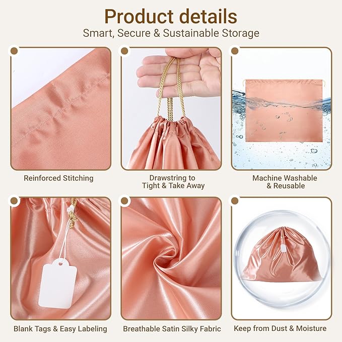 Ewen 7Pcs Dust Bags for Handbags, Silk Cloth Bag with Drawstring, 2Pcs 19.6x15.7in Bag for Purse, 2Pack 11.8x15.7in Storage for Shoes, 3Pack 23.6x19.6in Dust Bags, Pink Orange Pouch Cover for Travel