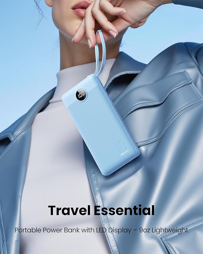 10000mAh Portable Charger, Slim Power Bank with Built-in Cables, Battery Pack 5 Outputs 2 Inputs LED Display Compatible with iPhone/Android & More (Blue)