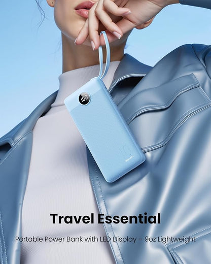 10000mAh Portable Charger, Slim Power Bank with Built-in Cables, Battery Pack 5 Outputs 2 Inputs LED Display Compatible with iPhone/Android & More (Blue)