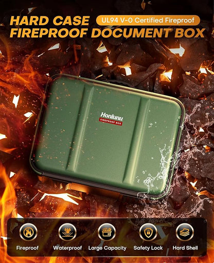 Fireproof Document Box, Hard Case Fireproof Document Organizer with Lock, Water Resistant Safe Box for Important Documents Certificates Laptop Passports, Green