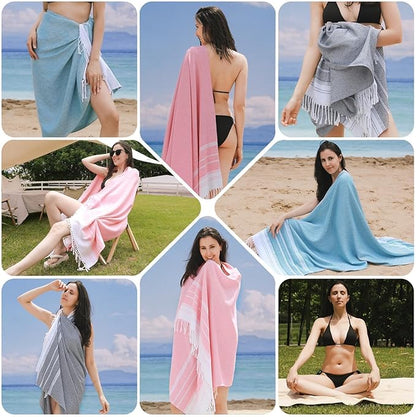 Genovega 6 Oversized Turkish Beach Bath Towel Set Bulk 74"x38" Extra Large Sand Free Quick Dry Swimming Camping Pool Clearance Towels Blanket Essentials Adult Multi Stripes Grey