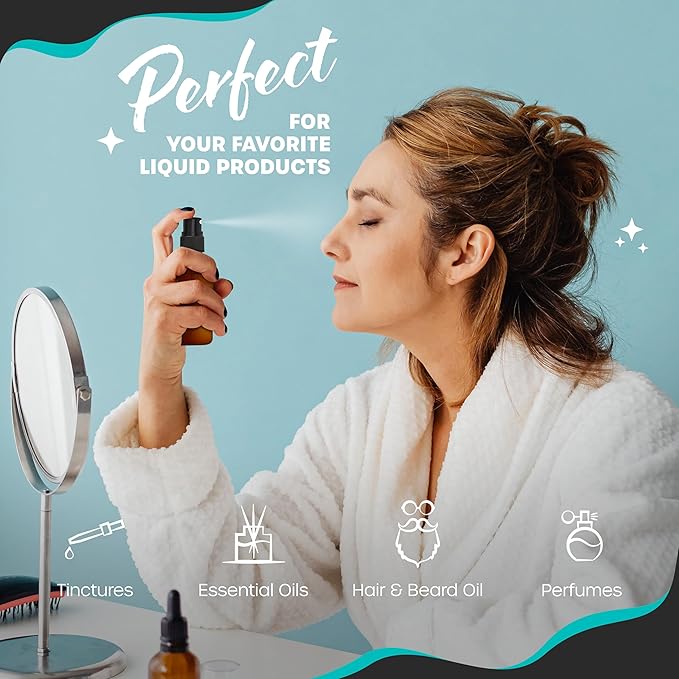 Nevlers Amber Glass Spray Bottles Small 1 Oz 48 PK | Mini Spray Bottle Set w/Amber Bottles, Shrink Wrap, Labels, Marker, Funnel & Brush | Travel Size Mist Bottle For Use as Oil Mister & Hair Mister