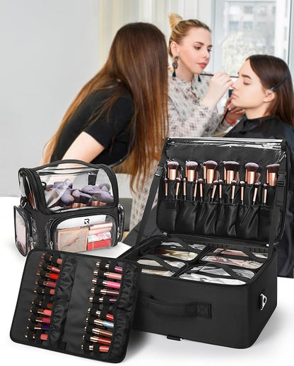 Relavel Extra Large Makeup Case Professional Cosmetic Storage Organizer Box Brush Holder with 4 Clear Set Bags & Lipstick Plate & Clear Makeup Brush Case for Makeup Artists Black