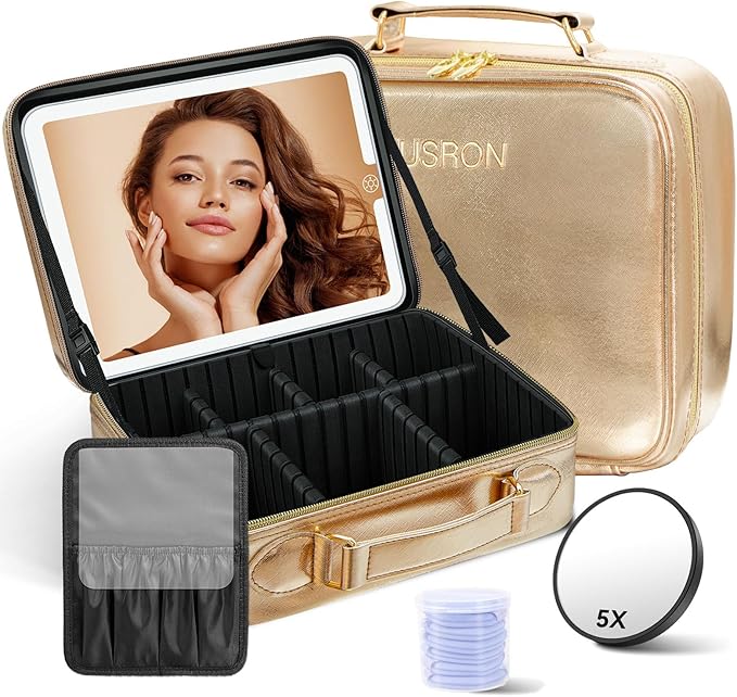 JUSRON Travel Makeup Bag With LED Mirror, Cosmetic Train Case with Light up Mirror, Portable Makeup Artist Organizer Bag with Adjustable Dividers, Makeup Brush Holder Storage (Rose Gold, Large)
