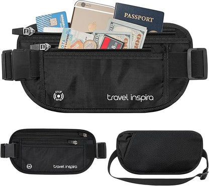 travel inspira Travel Money Belt with Anti-Theft Zipper Upgrade Larger Slim Travel Pouch with RFID Blocking Fabric to Protect Credit Cash, Passports, and Documents, Black