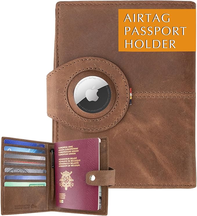 GARZINI Passport Holder with AirTag, Passport Wallet with RFID, Travel Accessories, Travel Document Holder with ID Window, Leather Passport Holder for 7 Cards, Brushed Brown