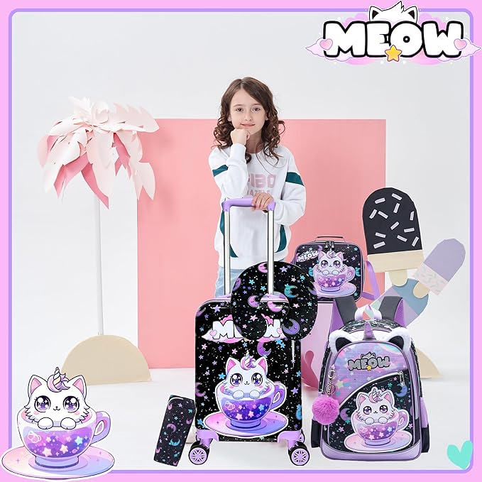 Kid's Luggage Set 5 Piece Suitcase Set 16' Hardside Spinner Wheels Girls Carry On Toddler Travel Rolling Airline Approved