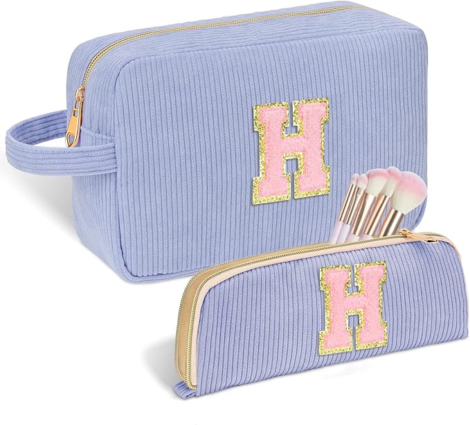 Personalized Initial Makeup Bag Trendy Stuff Corduroy Cosmetic Bag Travel Toiletry Bag, Christmas/Thanksgiving/Halloween Gifts Makeup Organizer Case for Women Girls Mom Girlfriend Wife - Blue