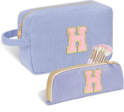 Personalized Initial Makeup Bag Trendy Stuff Corduroy Cosmetic Bag Travel Toiletry Bag, Christmas/Thanksgiving/Halloween Gifts Makeup Organizer Case for Women Girls Mom Girlfriend Wife - Blue