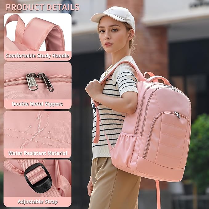 Della Gao College Laptop Backpack with Pencil Case, Pink Travel Backpack for Women, Waterproof Computer Back Pack for Travel, Business, Work, College (Pink, 15.6 Inch)
