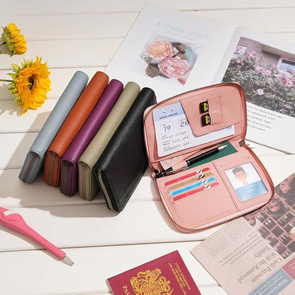 WASON Leather Zipper Travel Passport Wallet Holder RFID Blocking Cover, Passport case Pocket Slot for Card, Cash, ID, Boarding Pass and Ticket for Men, Women and Family Trips (Pink)