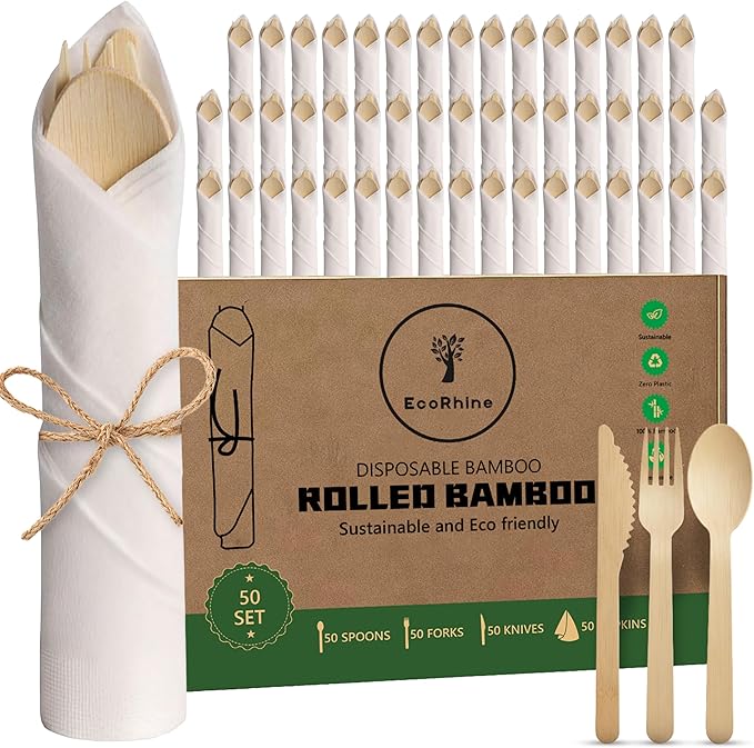Bamboo Cutlery Set 200 PCS | 50 Packs of Pre Rolled Utensils with Napkins | Eco Friendly Disposable Cutlery for Weddings, Parties, Camping & Events | Each Pack Includes Fork, Knife & Spoon