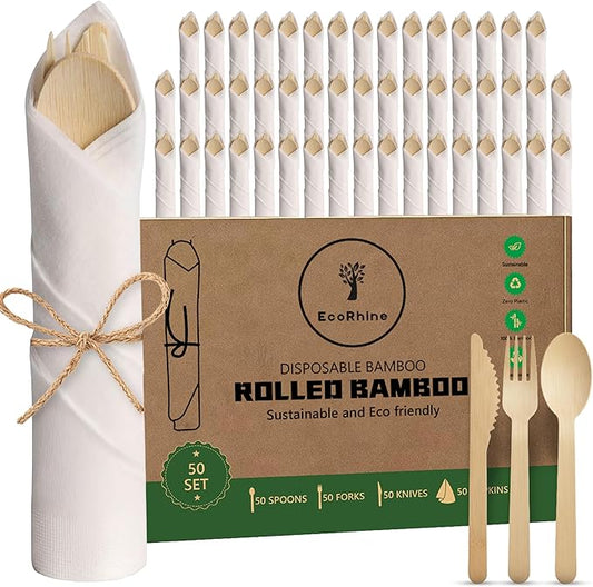 Bamboo Cutlery Set 200 PCS | 50 Packs of Pre Rolled Utensils with Napkins | Eco Friendly Disposable Cutlery for Weddings, Parties, Camping & Events | Each Pack Includes Fork, Knife & Spoon