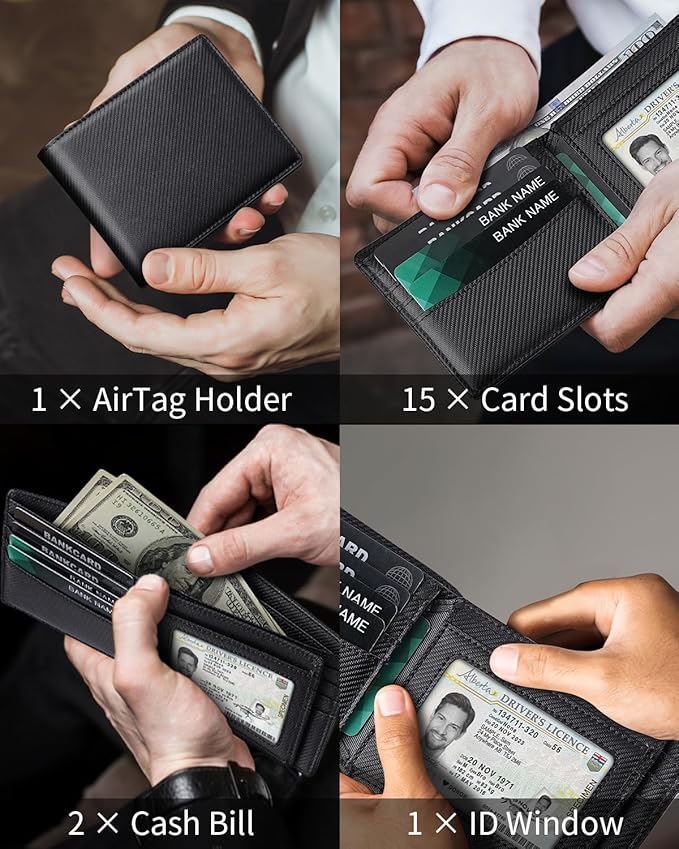 Mens Genuine Leather Bifold RFID Blocking Wallet with 14 Card Slots, ID Window & 2 Cash Pocket - Includes Gift Box (Modern Black)