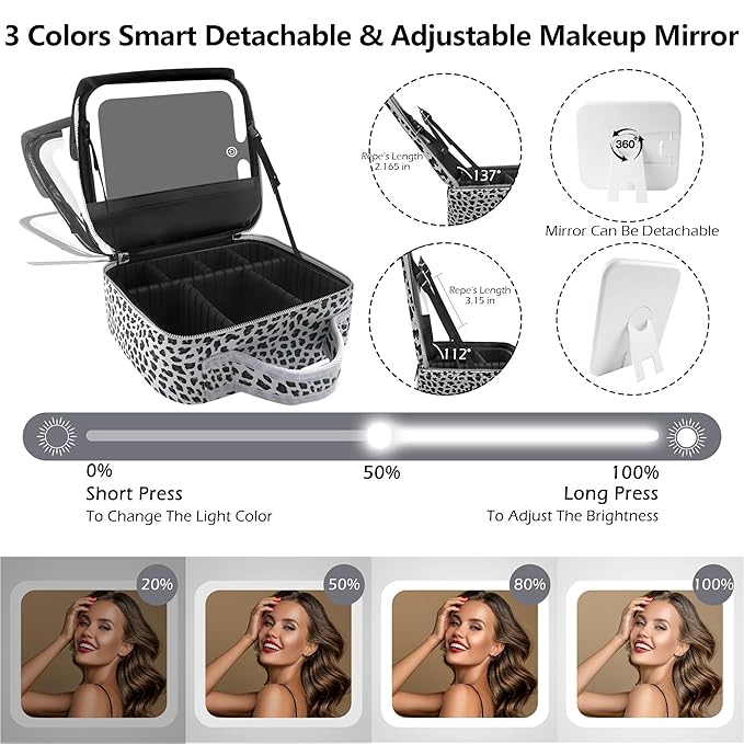 Travel Makeup Bag Cosmetic Bag Makeup Organizer Bag with Lighted Mirror, Adjustable Brightness in 3 Color Scenarios, Waterproof Makeup Train Case, Gift for Women - Leopard White