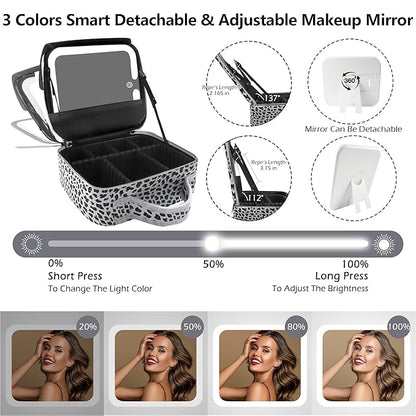Travel Makeup Bag Cosmetic Bag Makeup Organizer Bag with Lighted Mirror, Adjustable Brightness in 3 Color Scenarios, Waterproof Makeup Train Case, Gift for Women - Leopard White