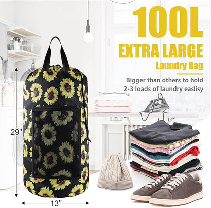 Laundry Bag Backpack, 2PCS Extra Large Travel Laundry Bag with Mesh Pocket & Adjustable Shoulder Straps,Dirty Clothes Travel Bag for College Students Dorm,Apartment(Sunflower)