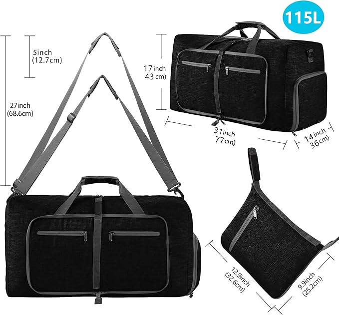 Vomgomfom 65L/85L/115L Foldable Travel Duffle Bag, Lightweight Checked Luggage with Shoe Compartment, Water-Resistant Weekender Overnight Bag for Men & Women