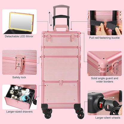 Makeup Train Case with LED Mirror, Rolling Makeup Case with Drawers, Cosmetology Case on Wheels, Gift, Travel Makeup Organizers, Profesional Cosmetic Case for Salon Barber,Nail,Tattoo, Pink