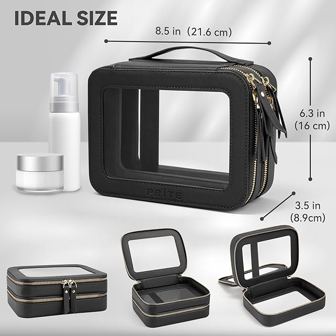 Prite Clear Makeup Bags Double Layer Cosmetic Bags with a Separate Brush Compartment Travel Makeup Bag for Women Travel Accessories Organizer for Purse(Black)