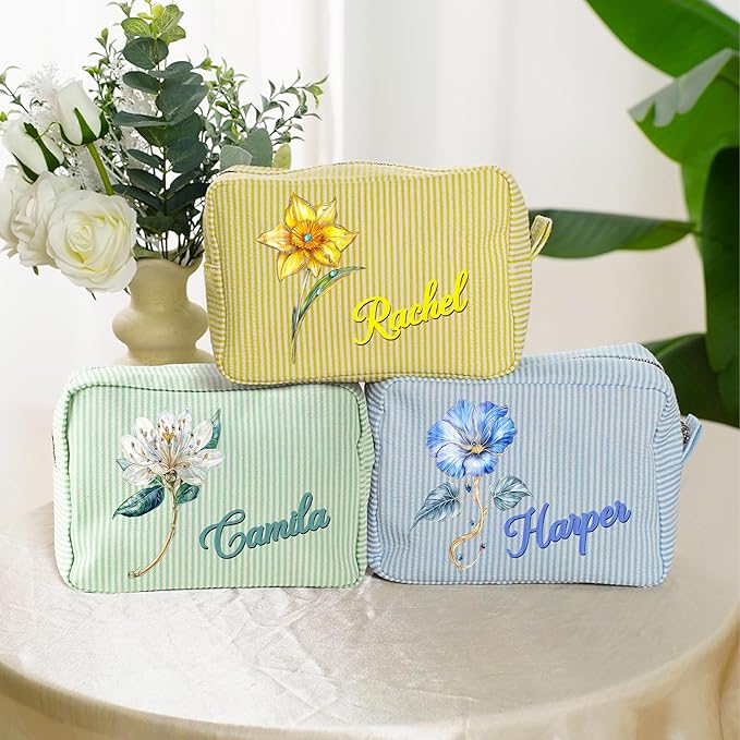 callie Personalized Makeup Bag - Custom Name & Birth Flower, Cosmetic Organizer Make Up Bag with Zipper, Birthday Christmas Travel Gifts for Women