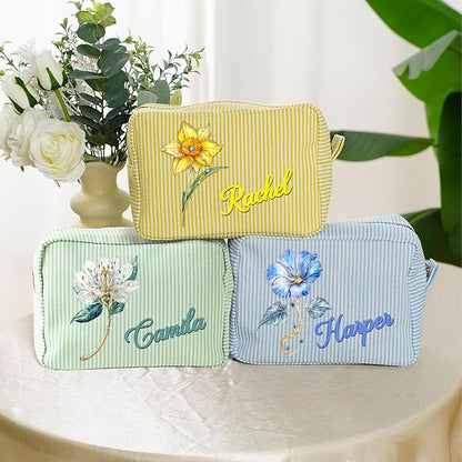 callie Personalized Makeup Bag - Custom Name & Birth Flower, Cosmetic Organizer Make Up Bag with Zipper, Birthday Christmas Travel Gifts for Women