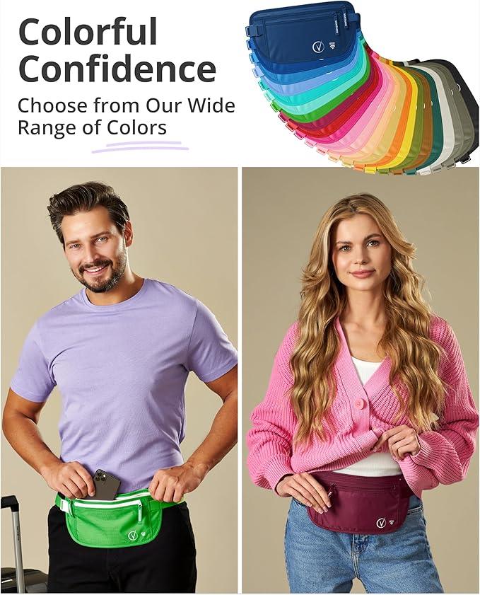 Vantamo Money Belt with RFID For Men & Women, Hidden Passport Holder for Travel, 2 Compartment Travel Fanny Pack for Women Anti Theft