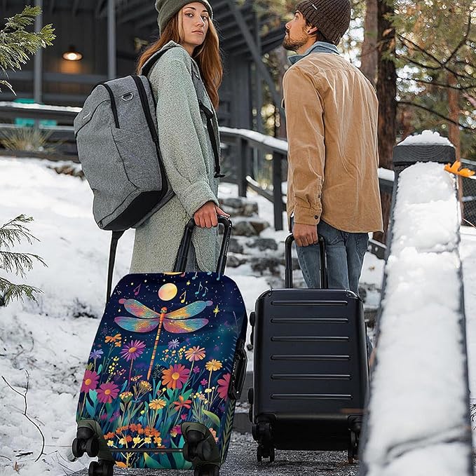 ANNA QUEEN Magical Dragonfly Luggage Cover, Night Sky with Bright Colors and Flowers, Stretchable, Washable Travel Protector for 20-34 Inch Suitcases