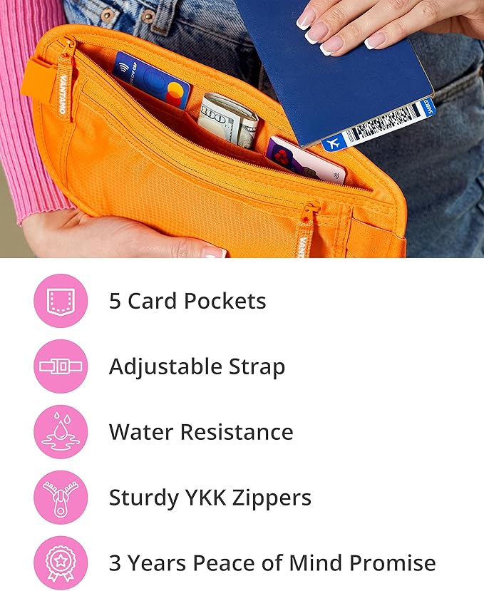 Vantamo Money Belt with RFID For Men & Women, Hidden Passport Holder for Travel, 2 Compartment Travel Fanny Pack for Women Anti Theft
