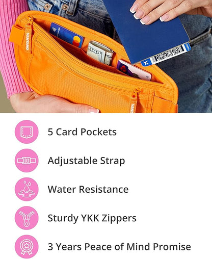 Vantamo Money Belt with RFID For Men & Women, Hidden Passport Holder for Travel, 2 Compartment Travel Fanny Pack for Women Anti Theft