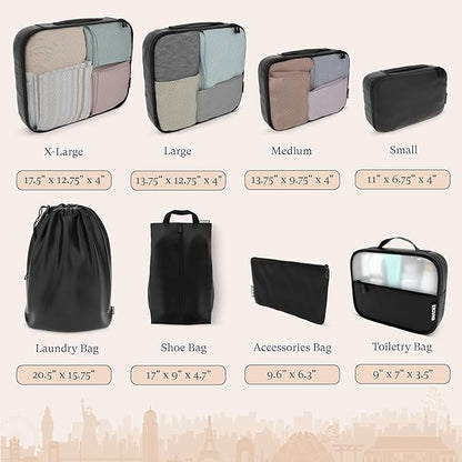 Shacke Premium 8 Packing Cubes Set - Lightweight Mesh Travel Luggage Organizers with Laundry Bag, 8-Piece Suitcase Storage System (Air Black)