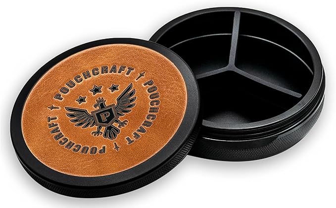 Leather-Faced Metal Pouch Can | Metal Container | Slim EDC Pocket Tin | Airtight & Moisture-Resistant | Daily Organizer | Pill Case & Travel Tin | Father’s Day Gift for Dad | (Insignia Ed, Black)