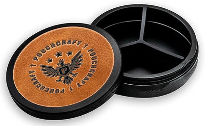 Leather-Faced Metal Pouch Can | Metal Container | Slim EDC Pocket Tin | Airtight & Moisture-Resistant | Daily Organizer | Pill Case & Travel Tin | Father’s Day Gift for Dad | (Insignia Ed, Black)