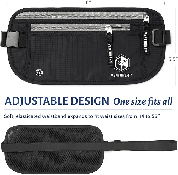 VENTURE 4TH Slim Minimalist Design RFID Money Belt with RFID Blocking Sleeves, for Men and Women – Ideal for Keeping Your Cash, Credit Card, Passport, Phone Secure When Traveling - Black