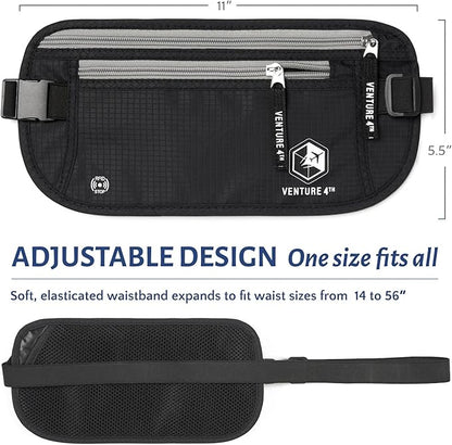 VENTURE 4TH Slim Minimalist Design RFID Money Belt with RFID Blocking Sleeves, for Men and Women – Ideal for Keeping Your Cash, Credit Card, Passport, Phone Secure When Traveling - Black