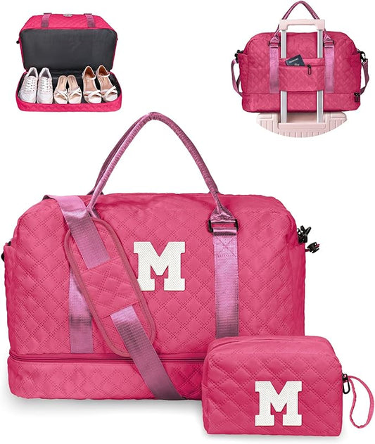 Gifts for Teen Girls 12-14, Birthday Gift-Initial Travel Bag with Shoe Compartment, Personalized Weekender Bag, Monogram Overnight Bag for Women, Letter Travel Bag with Makeup Bag (Letter M)