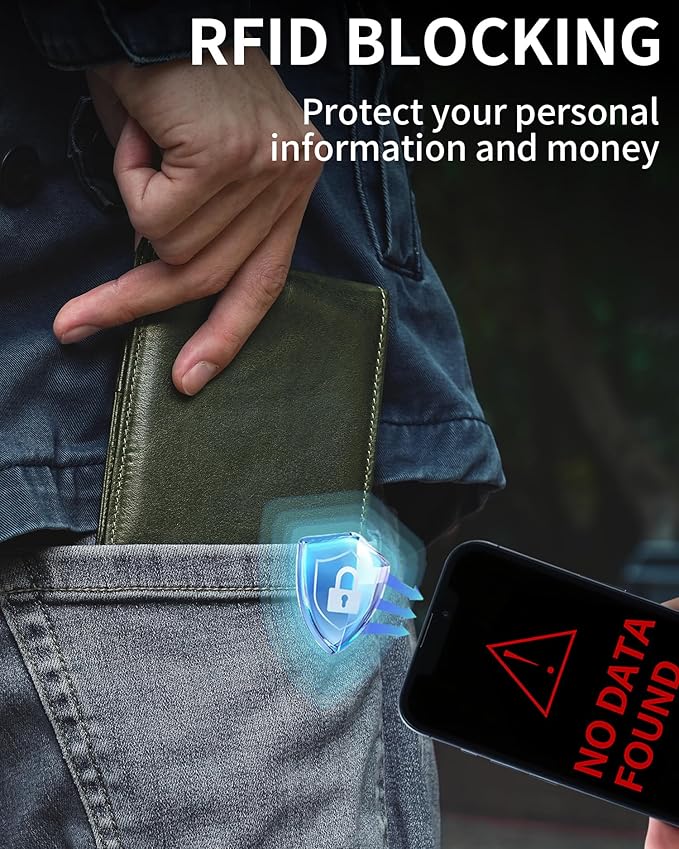 Mens Wallet Bifold Genuine Leather RFID Blocking Wallet for Men with 1 ID Windows 13 Card Holders 2 cash pockets 1 Gift Box