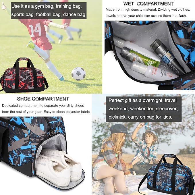 Octsky Sports Duffel Bag Gym Bag with Shoe Compartment Small Travel Overnight Bag Weekender Bag (Blue-Graffiti)